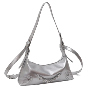 Silver metallic Y2K hobo bag with chunky metal chain and rivet hardware detail