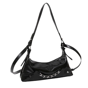 Retro black patent leather underarm bag with silver chain detail and adjustable strap