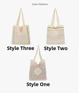 Detailed comparison of cream knit tote bags with bows and colorful embroidery accents