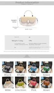 Detailed size specifications and 8-color options for the semi-circle PU crossbody handbag