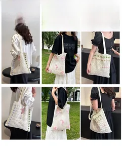 Detail of hand-woven cream tote bag featuring colorful 3D bows and long shoulder straps