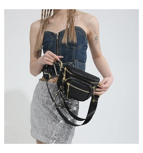 French style quilted black leather waist bag with gold hardware and wide rivet strap