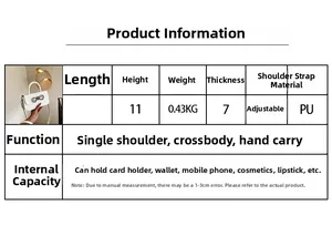 Size chart showing dimensions and PU material for white bow handle crossbody box bag