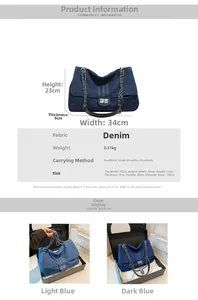 Detailed size chart for denim crossbody bag showing dimensions 34x23x9cm in light and dark blue