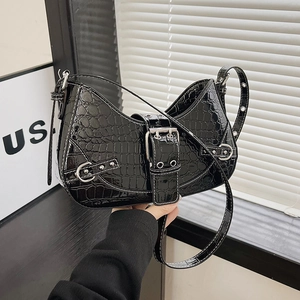 Retro black crocodile embossed shoulder bag with silver studs and adjustable strap