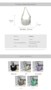 Guide des tailles du sac croissant indiquant 27x18x8cm et cinq coloris dispo