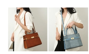 Detail view of crocodile texture handbags in brown and blue with metal buckles