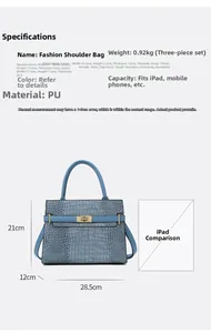 Blue crocodile pattern PU leather tote bag set with size measurements and iPad comparison