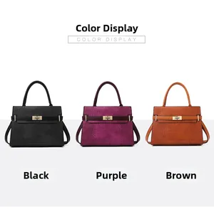 Kelly style snakeskin pattern handbags in black, purple, and brown with metal buckles