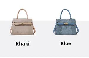Detailed macro view of khaki and blue handbags with embossed crocodile skin texture