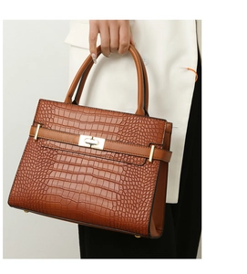 Detail of brown crocodile embossed leather texture and gold metal clasp on a handbag