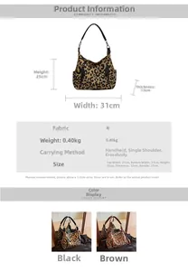 Detailed size specifications for a leopard print canvas shoulder bag with weight data
