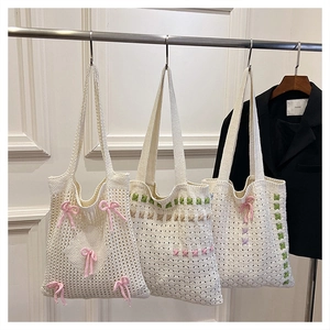 Women Korean Style Knitted Tote Bag Hollow Out Woven Shoulder Bag With Pink Bow Decorations Casual Crochet Handbag