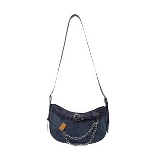 Vintage Denim Halbmond Schultertasche mit Lederriemen und silberner Metallkette