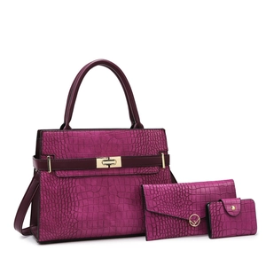 Purple faux crocodile leather handbag set including tote, long envelope wallet and purse