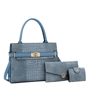 3-piece light blue faux crocodile leather bag set with main handbag and crossbody strap
