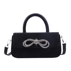 Elegant black bow shoulder bag with sparkling rhinestone accents and top handle