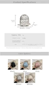 Specifiche dettagliate per mini zaino in pelle PU trapuntata disponibile in cinque colori