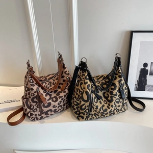 Women Leopard Print Canvas Shoulder Bag Large Capacity Multi Zipper Pocket Faux Leather Strap Casual Hobo Tote