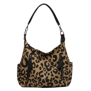 Outdoor leopard print canvas shoulder bag with black leather straps and zip pockets