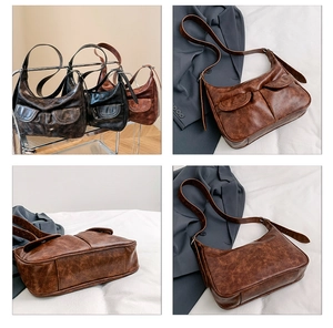 Detailansichten der Vintage-Schultertasche aus geöltem Leder mit Schnallentaschen in Dunkelbraun