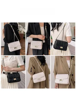 Multiple views of a quilted crossbody bag with chain strap and gold twist lock closure
