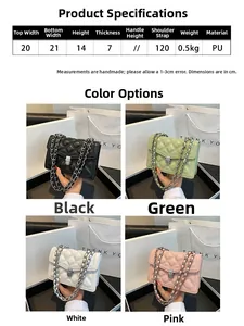 Detailed size chart and color comparison of quilted PU leather chain crossbody bags