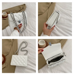 Detailed views of a white quilted crossbody bag with silver chain and metal turn-lock