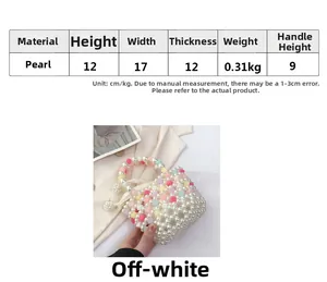 Detailed size chart for handmade pearl beaded evening bag with crossbody strap