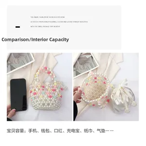 Detail view showing spacious interior of pearl beaded bag with satin drawstring liner