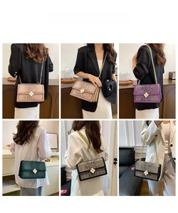 Collage of six colors for snake-pattern chain bags worn by model in home setting