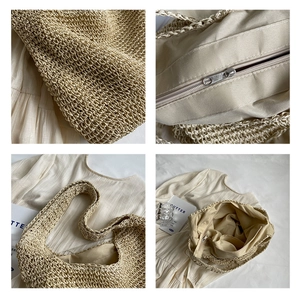 Detail of woven straw handbag showing the zipper closure and interior fabric lining