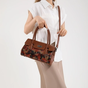 Fashionable brown leather handbag with oil painting texture and braided top handles