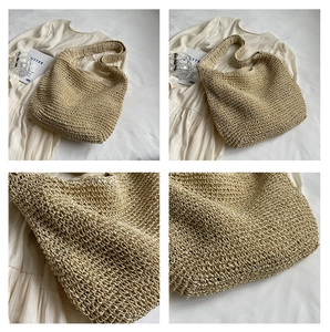 Detailed views of a woven shoulder tote bag showing texture and summer styling
