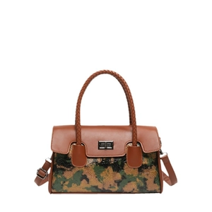 Retro graffiti style handbag with woven handles and gold metal turn-lock closure