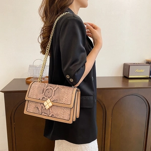 Retro snake pattern chain bag with gold metal buckle and multi-layer design on blazer model