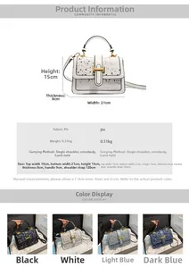 Detailed spec sheet and size chart for the sequin embellished PU leather crossbody bag