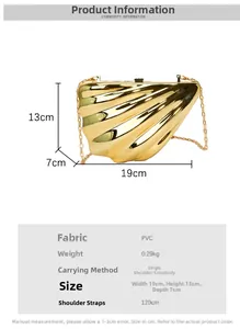 Detailed size specifications for the gold shell-shaped evening bag with a metal chain strap