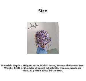Detail view of purple sequin bucket bag showing 16x16x8cm dimensions and chain strap