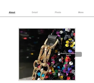 Macro detail of glossy colorful sequins and golden metal chain buckle on evening bag