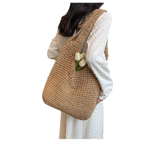 Handmade woven hobo bag in khaki straw with large capacity for summer beach outings