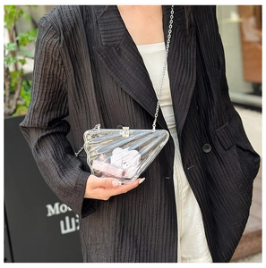 Close-up of clear acrylic geometric handbag with ripple texture and silver chain