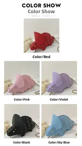 Colorful triceratops shoulder bags with rivets and chain straps in five vibrant shades
