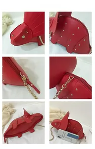 Detail view of red dinosaur leather bag with gold rivets and chain strap collage