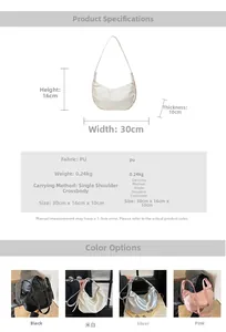 Detailed size specifications and four color variants of the solid color crescent bag