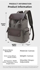 Detailed view of canvas backpack dimensions with adjustable straps and multi-pocket layout