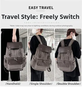 Detailed view showing handheld, shoulder, and backpack carry modes for the canvas bag