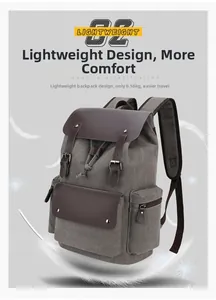 Detail view of lightweight grey canvas backpack with brown straps weighing only 0.56kg