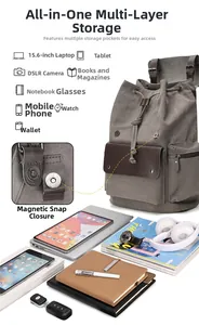 Deep grey canvas backpack detail showing storage space for 15.6 inch laptop and gear