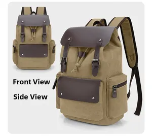 Detailed front and side view of khaki canvas backpack with contrast brown leather straps